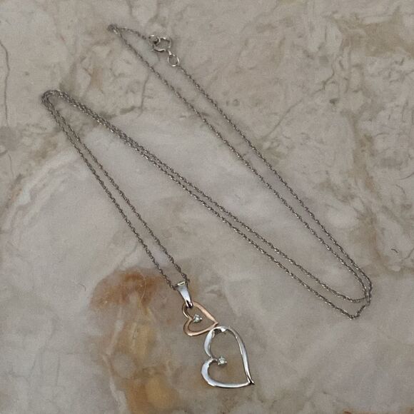 Ben Moss 10K White & Rose Gold & Diamonds Two Hearts Necklace Minimalist - Picture 7 of 10